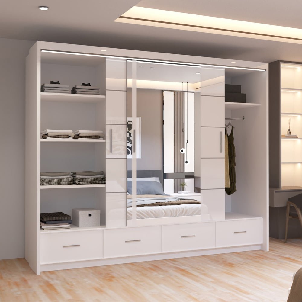 Sycylia 255cm white high gloss wardrobe with 3 sliding mirrored doors and 4 drawers