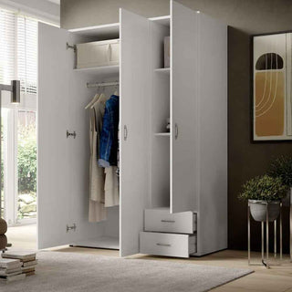 White 3-door, 2-drawer wardrobe with open doors showing hanging clothes and shelves
