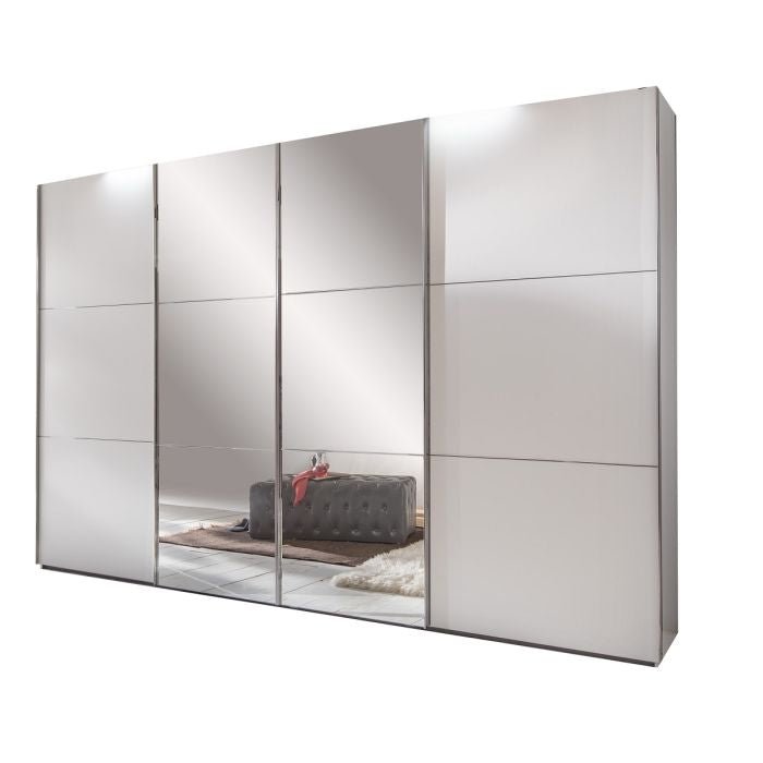 White 300cm LANDSCAPE 4 door mirrored sliding wardrobe reflecting a grey tufted bench and rug.