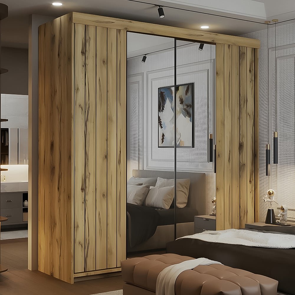 CHOICEWARDROBE Molli Oak 150cm sliding door wardrobe with mirrored front.