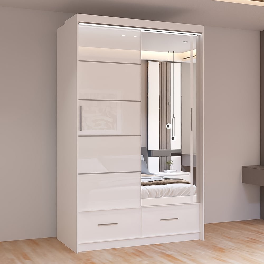 White high gloss 150cm sliding wardrobe with mirror door and 2 drawers