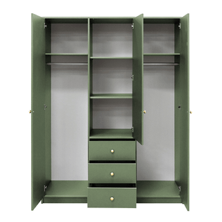 ELVIRO green 3 door wardrobe with 3 drawers, showing shelves and hanging rails.