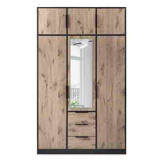BELLVYN 3 door wardrobe, oak effect, central mirror, 3 drawers, black trim