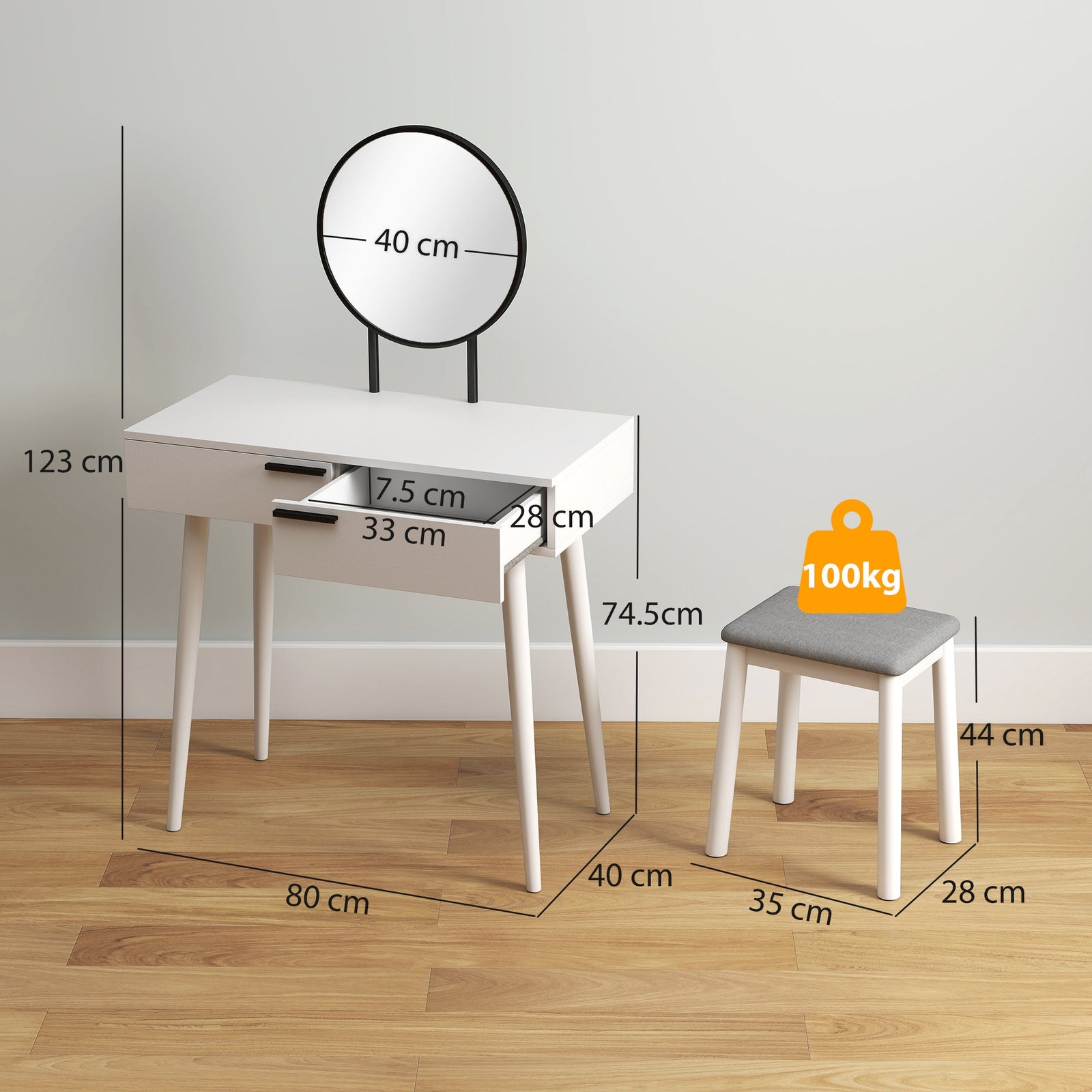 homcom modern dressing table with round mirror and stool makeup vanity table with 2 drawers for bedroom living room 80 x 40 x 123 cm white