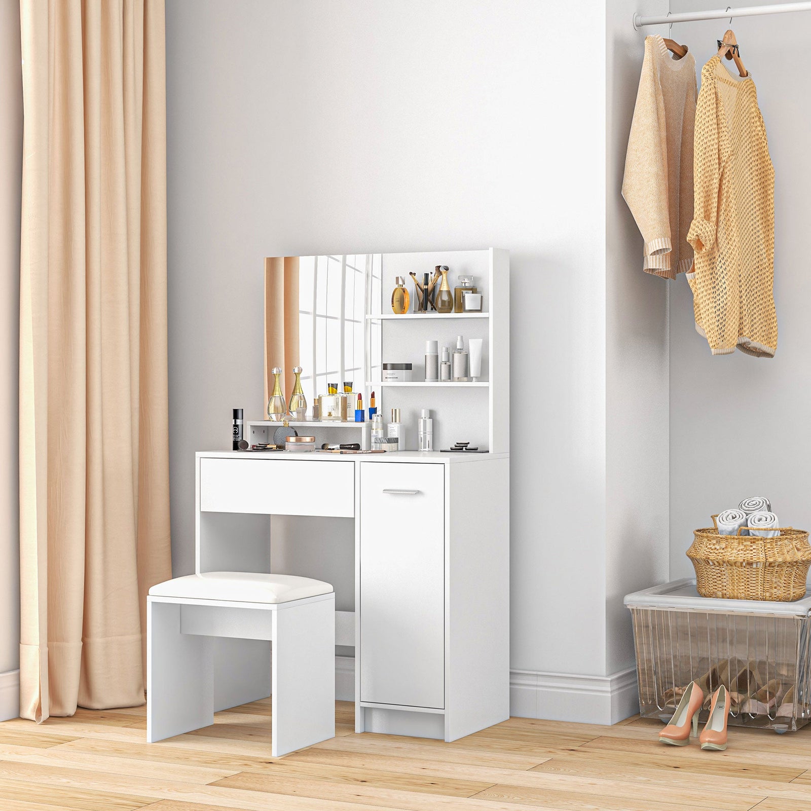 homcom dressing table and stool set with storage white