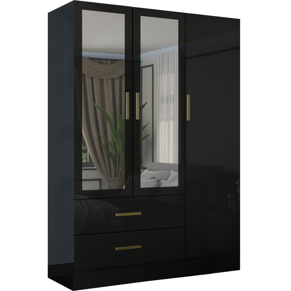 Black high gloss 3 door 2 drawer mirrored wardrobe with gold handles