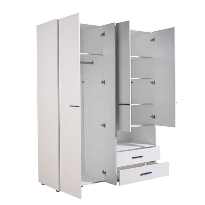 White 4-door wardrobe with open doors showing shelves and two drawers