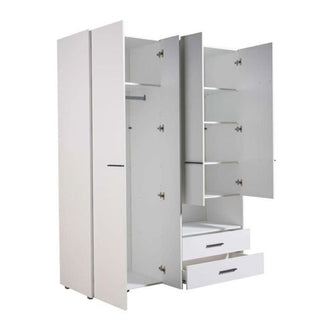 White 4-door wardrobe with open doors showing shelves and two drawers