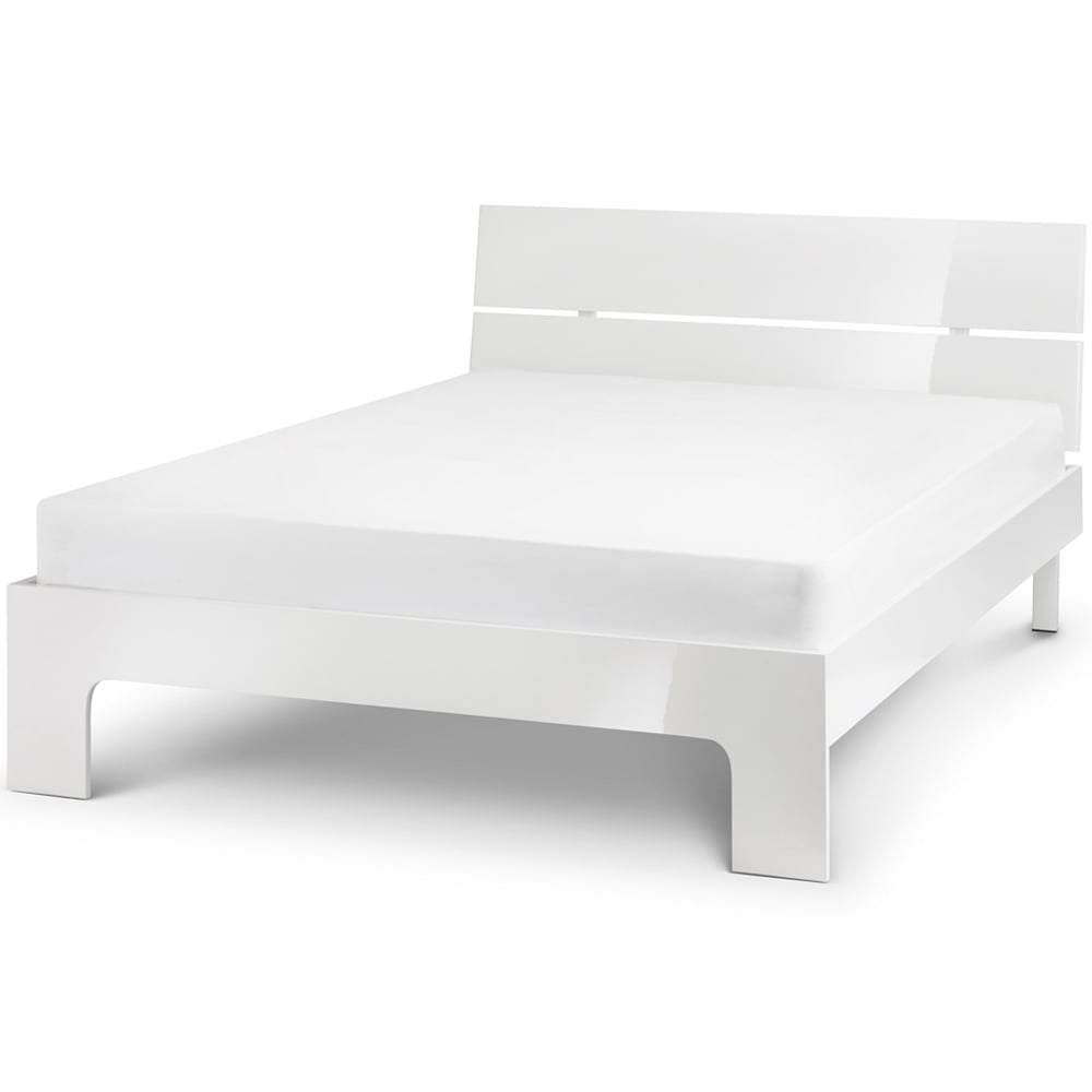 White high gloss double bed frame with modern headboard and sprung slatted base, made from MDF.