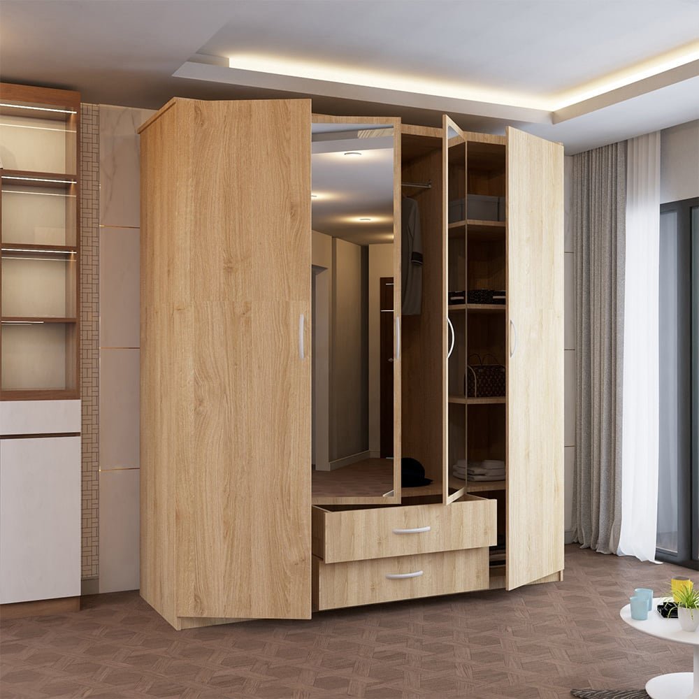 4-door hinged oak finish wardrobe with mirrored doors and 2 drawers