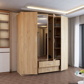CHOICEWARDROBE London Oak Finish – 4-Door Hinged Mirrored Wardrobe With 2 Drawers