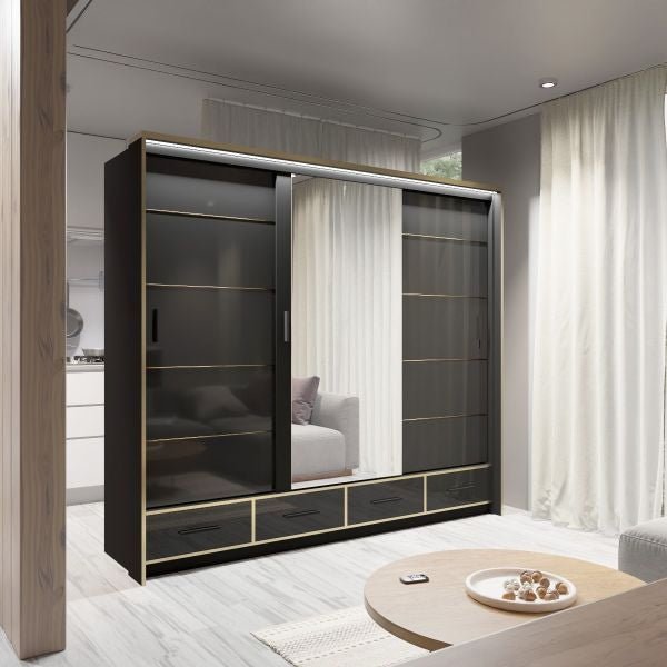 3-door sliding wardrobe in black gloss with marble centre panel and gold trim.