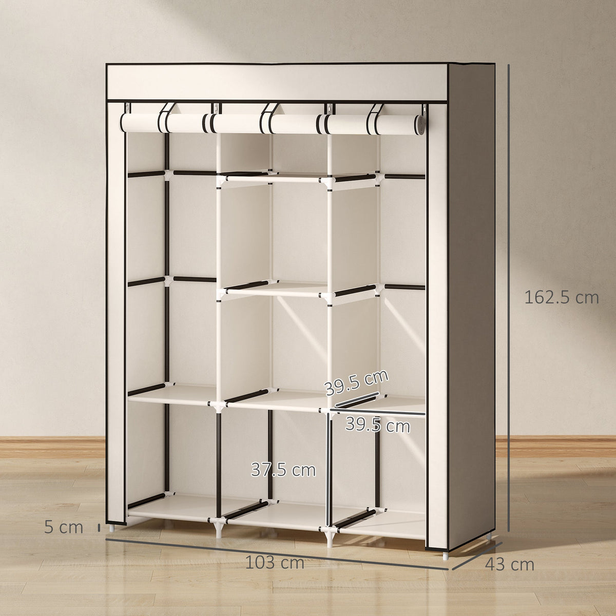 homcom fabric wardrobe with rails and shelves cream white