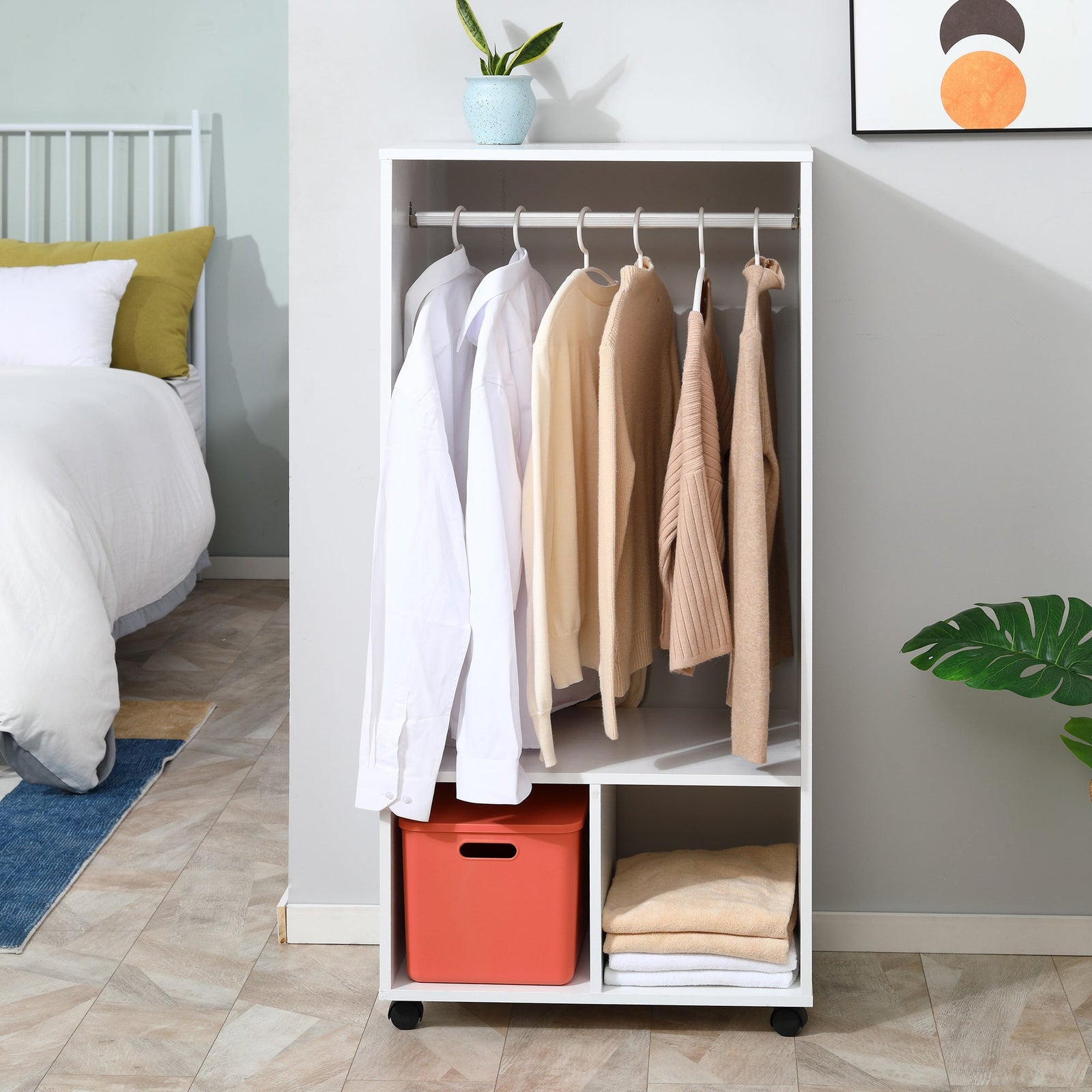 homcom open wardrobe on wheels bedroom wardrobe with clothes hanging rail 2 storage shelves mobile garment rack for cloakroom hallway white