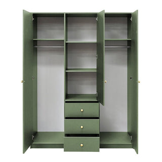 Green three-door wardrobe with open doors showing shelves and three drawers with gold knobs