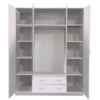White 4 door wardrobe with internal shelves and two drawers