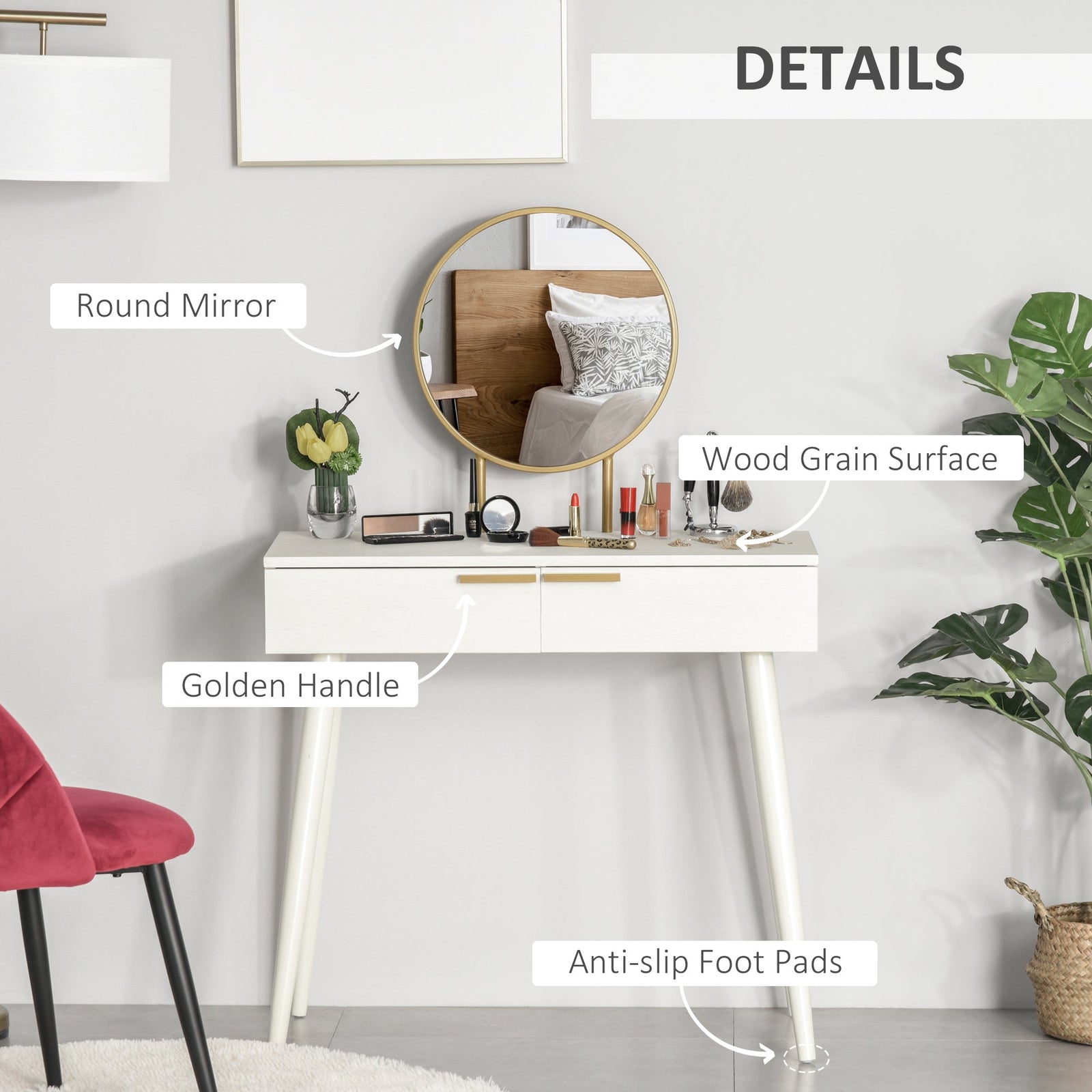 homcom elegant dressing table with round mirror 80 x 40 x 123 cm white
