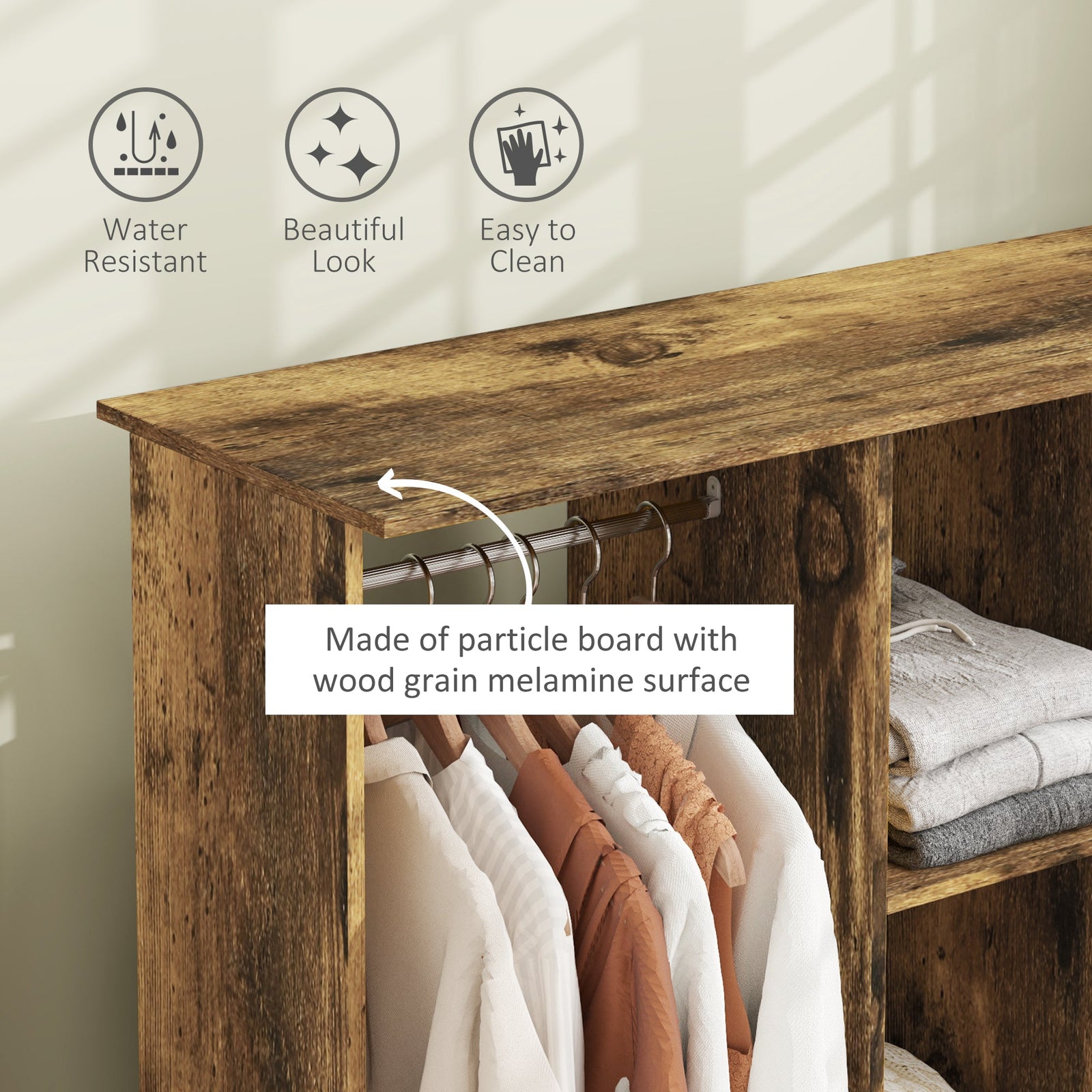 homcom open wardrobe double mobile storage shelves organizer w 6 wheels rustic brown