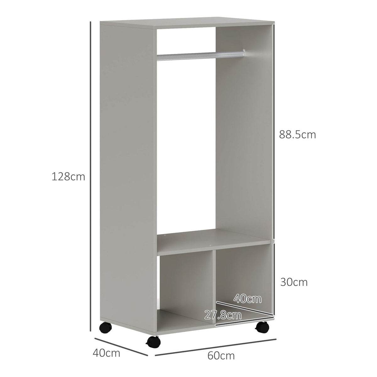homcom open wardrobe on wheels bedroom wardrobe with clothes hanging rail 2 storage shelves mobile garment rack for cloakroom hallway grey