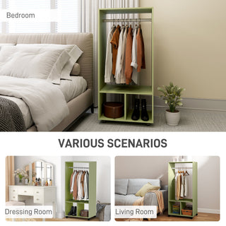 homcom open wardrobe on wheels bedroom wardrobe with clothes hanging rail 2 storage shelves mobile garment rack for cloakroom hallway green
