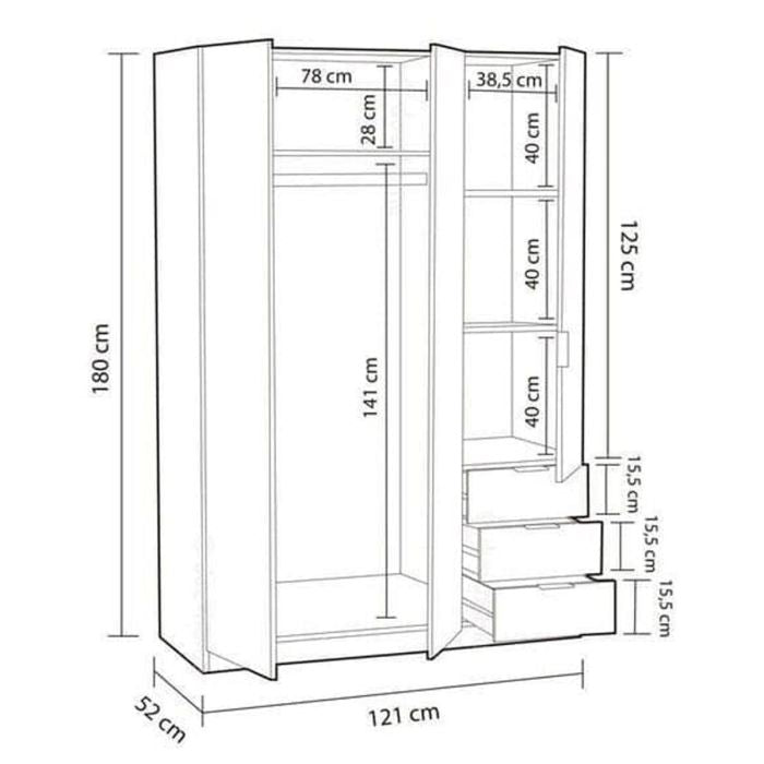 Line drawing of oak effect 3 door, 3 drawer wardrobe with dimensions