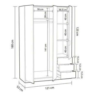 Wardrobe - HARVEY 3 Door Wardrobe White 121cm