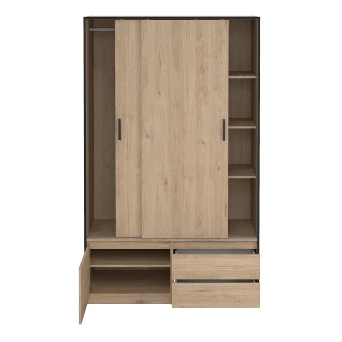 Jackson Hickory Oak sliding wardrobe with 3 doors and 2 drawers, one drawer open revealing shelves and hanging rail.