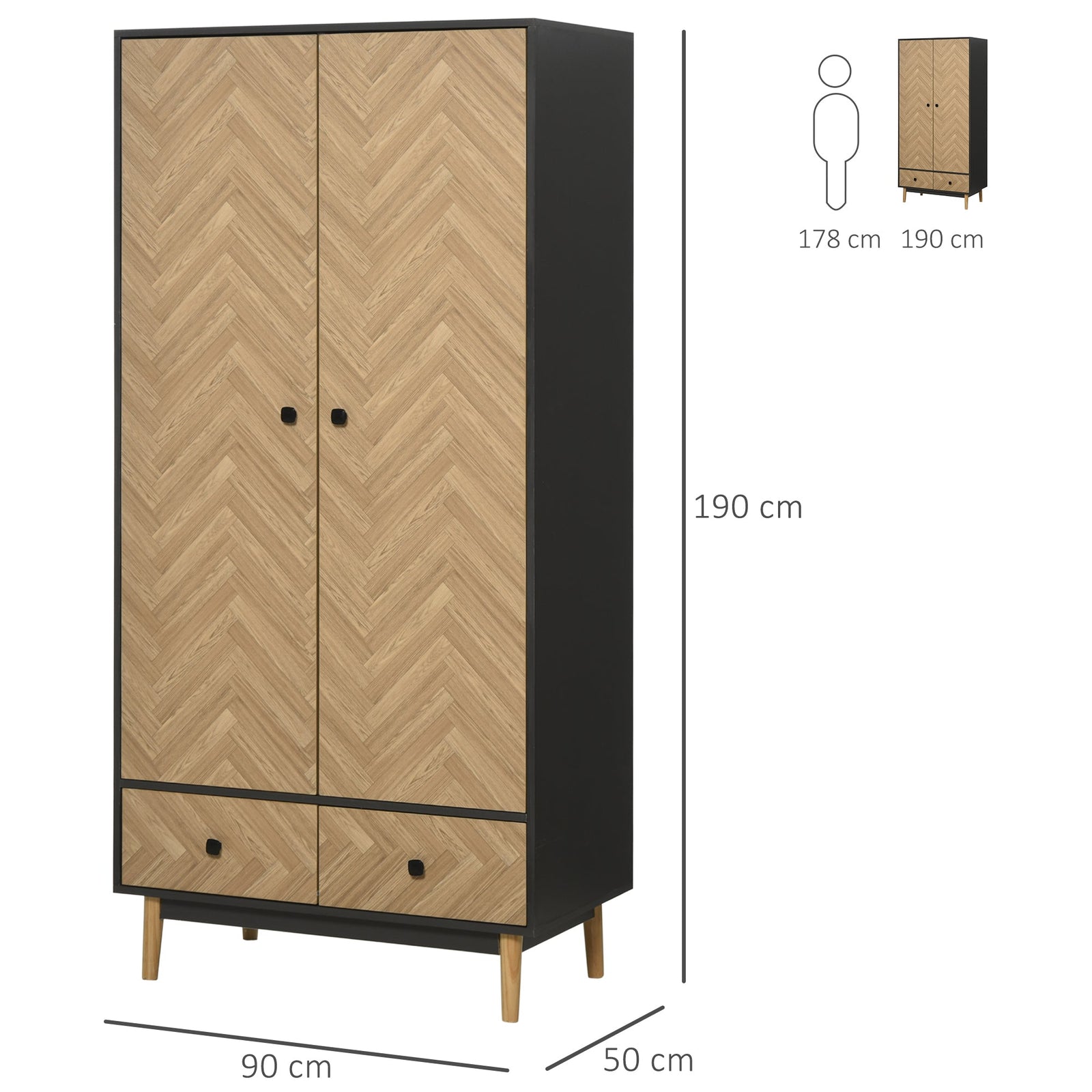 homcom modern wardrobe cabinet wood grain sticker surface with shelf hanging rod and 2 drawers 90x50x190cm
