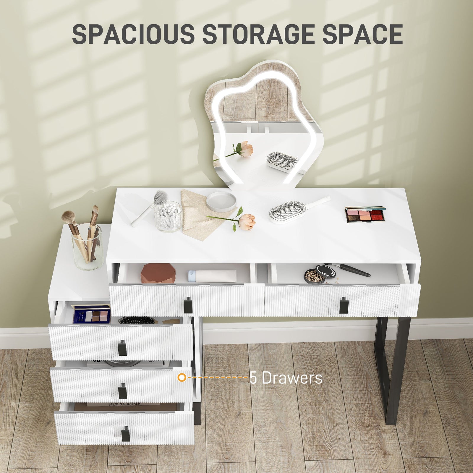 homcom dressing table vanity desk with leaf shape mirror makeup table with 5 drawers 3 colour led lights 100x40cm tabletop white