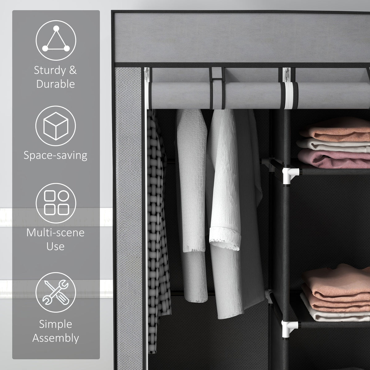 homcom foldable fabric wardrobe for bedroom portable wardrobe with 5 shelves 2 hanging rails and 3 fabric drawers dark grey
