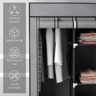 homcom foldable fabric wardrobe for bedroom portable wardrobe with 5 shelves 2 hanging rails and 3 fabric drawers dark grey
