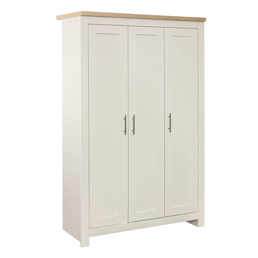 Cream and oak 3-door hinged wardrobe with panelled doors and silver handles.