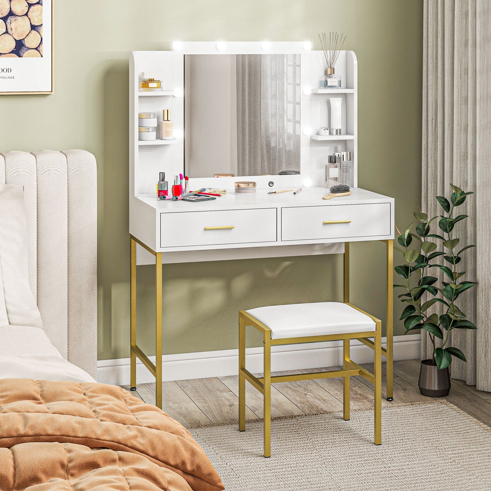 homcom dressing table with lighted mirror cushioned stool drawers shelves led makeup vanity desk set modern dresser vanity table for bedroom white