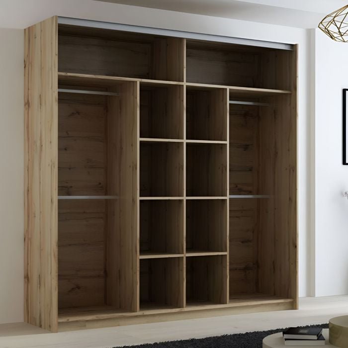 Oak wotan sliding wardrobe interior, 200cm wide, showing shelves and hanging rails