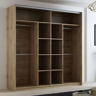 Oak wotan sliding wardrobe interior, 200cm wide, showing shelves and hanging rails