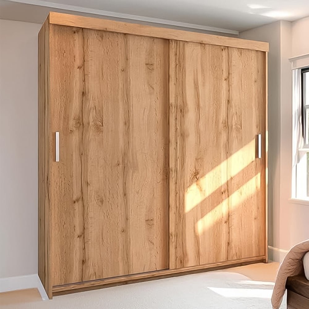 Lexy 203cm Votan Oak 2 door sliding wardrobe with light handles