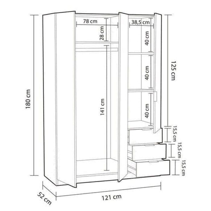 Diagram of a 121cm wide, 180cm high, 3-door oak effect wardrobe with 3 drawers, showing dimensions.