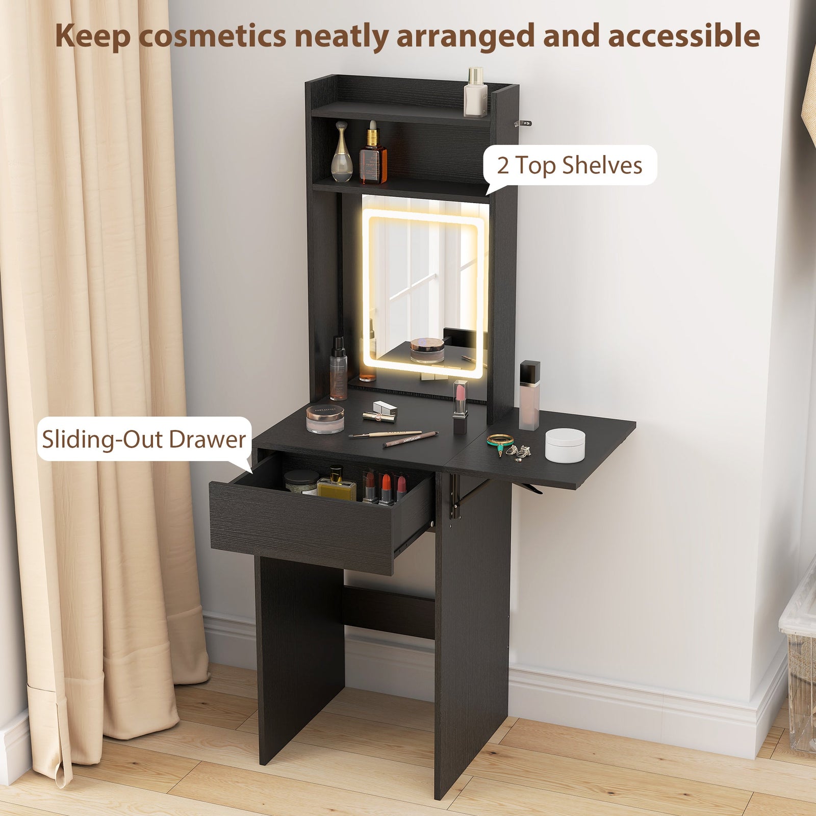homcom small vanity desk with mirror and led lights compact dressing table with drop leaf open shelves and drawer black