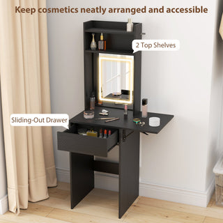 homcom small vanity desk with mirror and led lights compact dressing table with drop leaf open shelves and drawer black