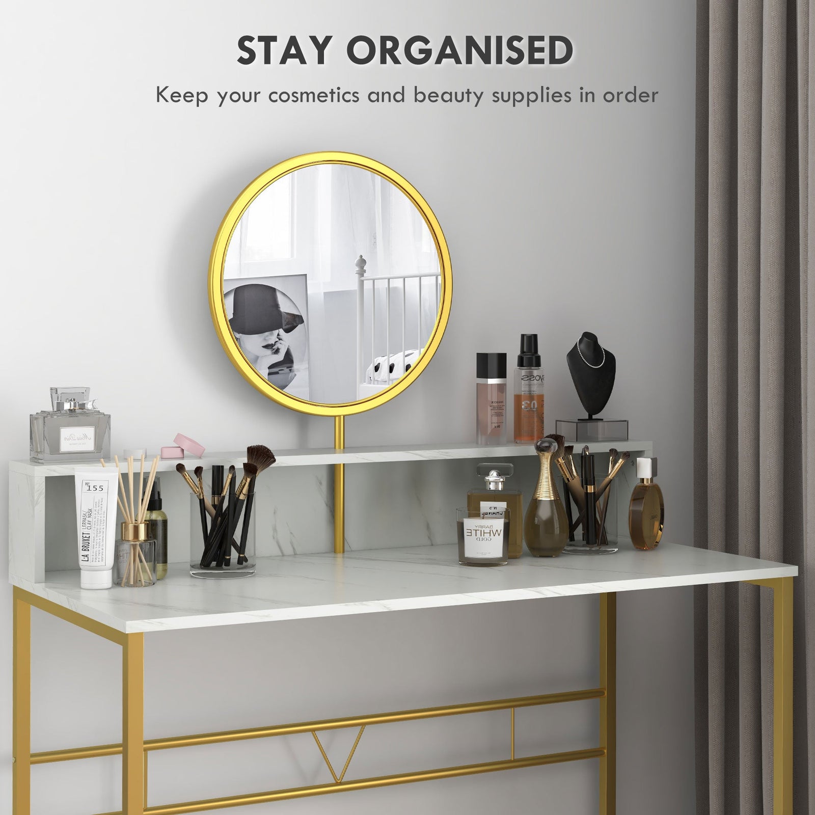 homcom modern dressing table with round mirror vanity makeup desk with open storage faux marble texture and steel frame for bedroom white