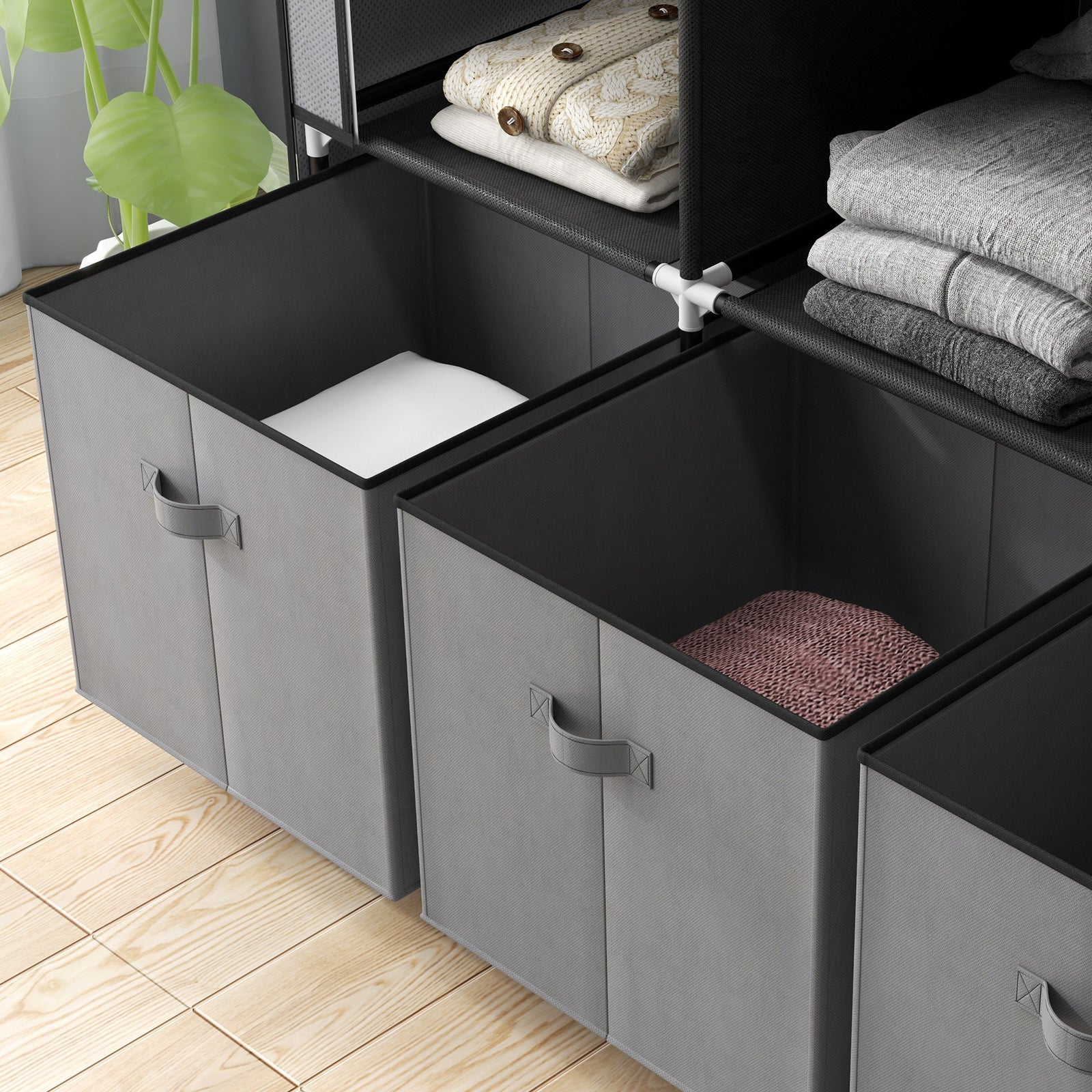homcom foldable fabric wardrobe for bedroom portable wardrobe with 5 shelves 2 hanging rails and 3 fabric drawers dark grey
