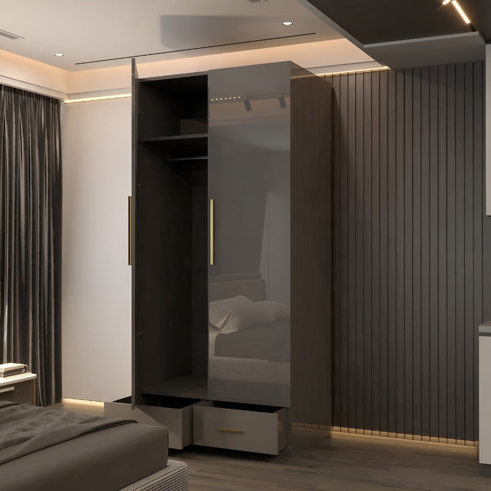 XD4 Grey High Gloss 2-door wardrobe with gold handles, showing internal shelving and two partially open drawers.
