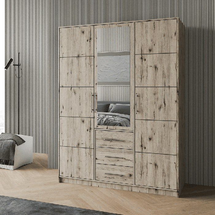 BARNSLEY 3 door mirrored wardrobe with 3 drawers in Oak Wellington finish