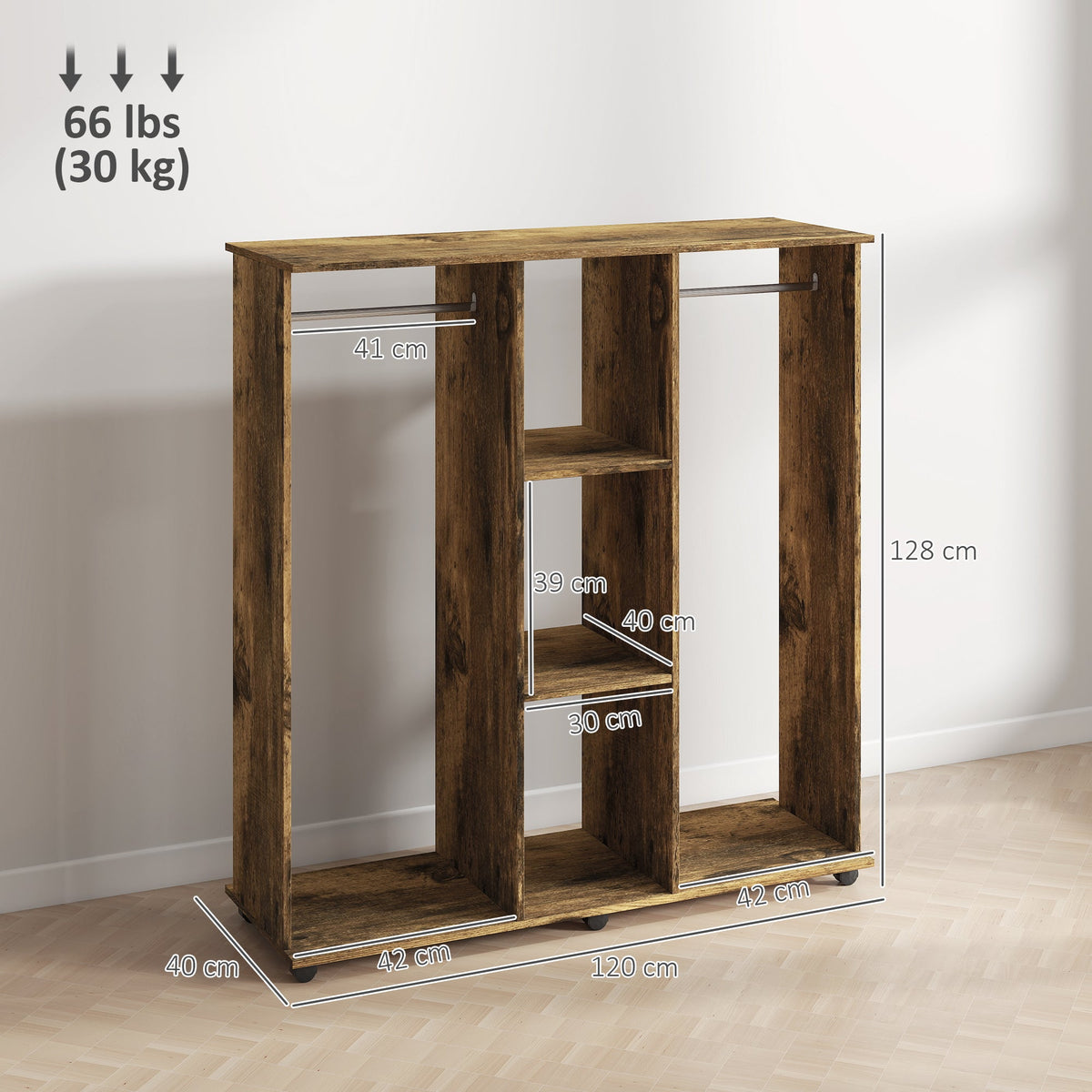 homcom open wardrobe double mobile storage shelves organizer w 6 wheels rustic brown