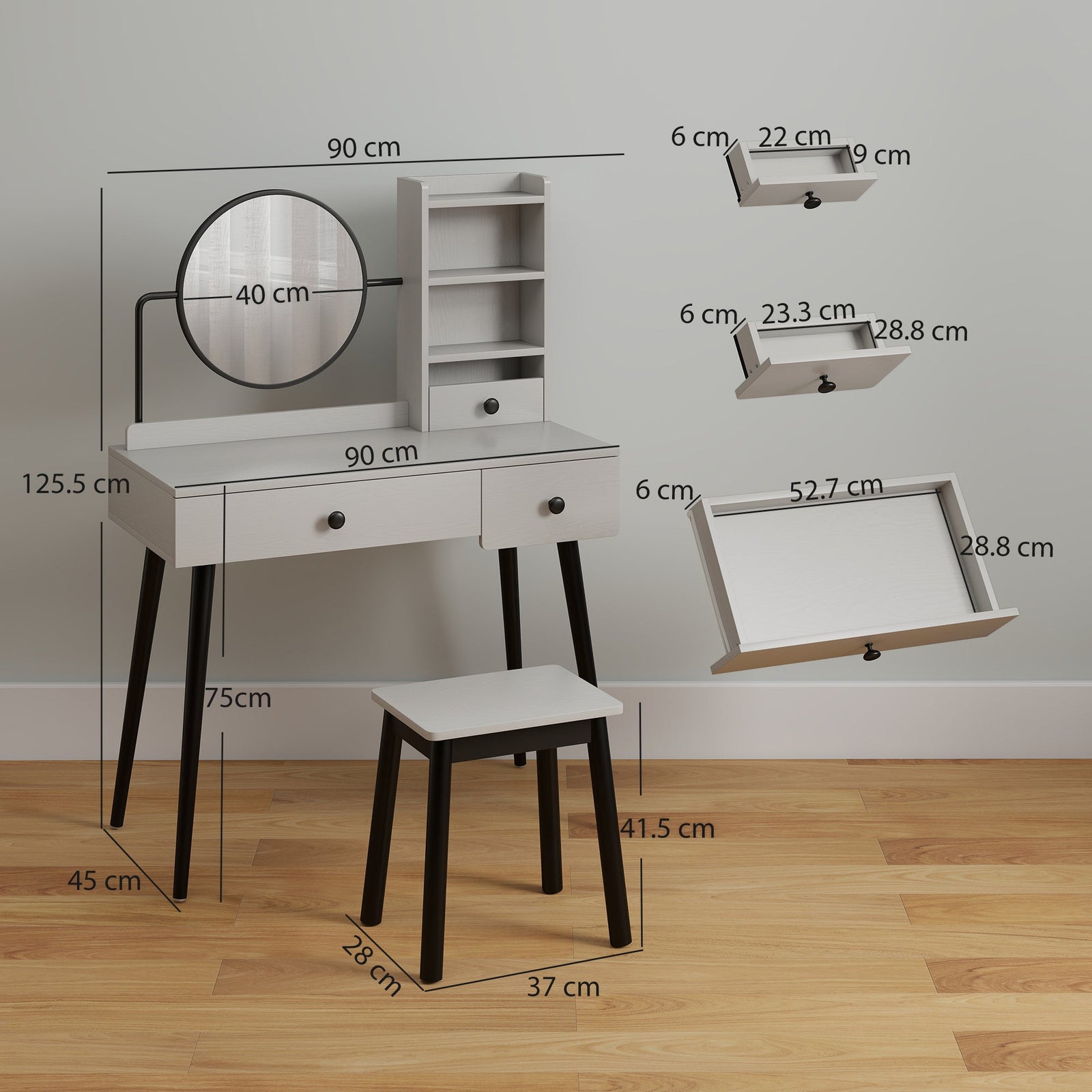 homcom dressing table set with mirror and stool vanity makeup table with 3 drawers and open shelves for bedroom living room grey