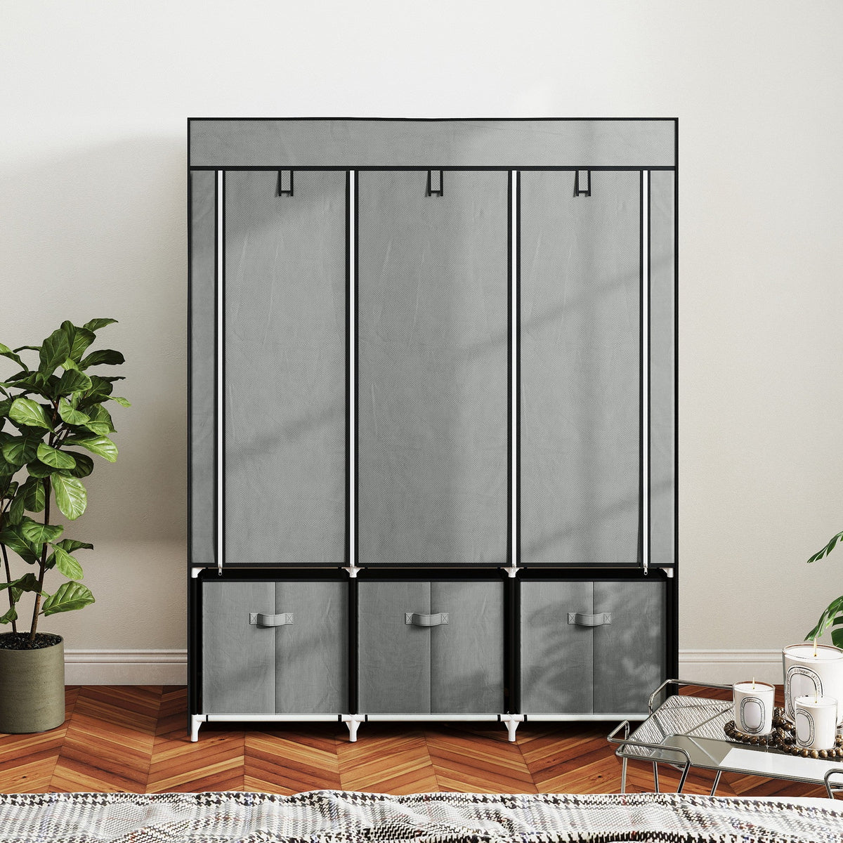homcom foldable fabric wardrobe for bedroom portable wardrobe with 5 shelves 2 hanging rails and 3 fabric drawers light grey