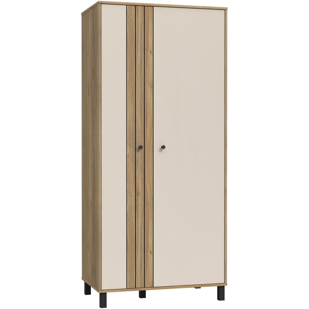 Florence Grafton 2 door wardrobe in cream with oak effect fluted centre panel and black handles.