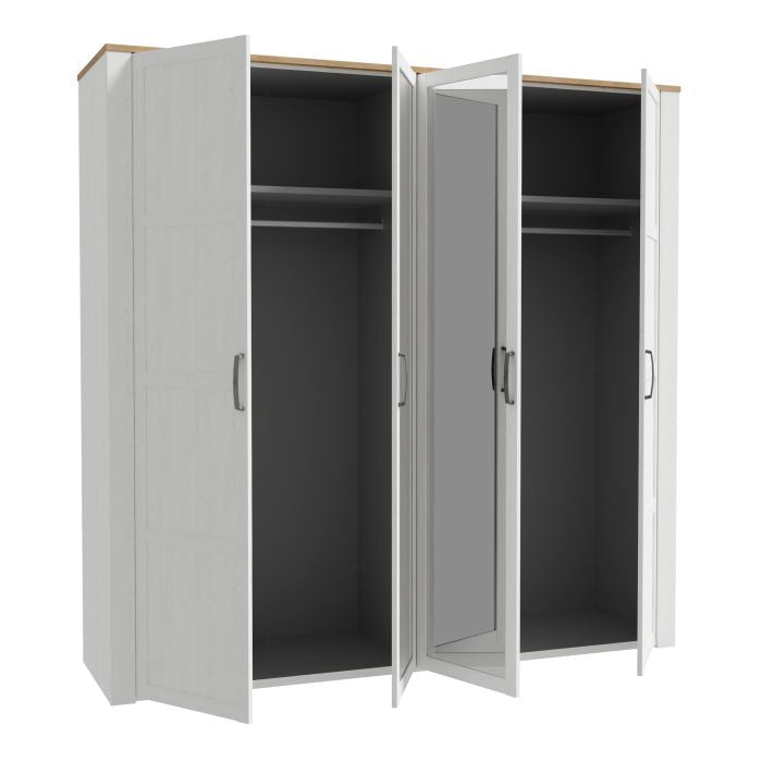 4-door mirrored wardrobe in white with Riviera Oak top, doors open showing interior