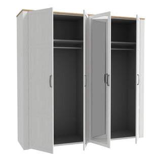 4-door mirrored wardrobe in white with Riviera Oak top, doors open showing interior