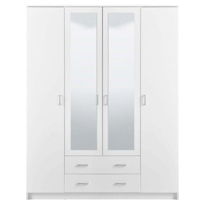 White 4 door wardrobe with 2 mirrored central doors and 2 drawers
